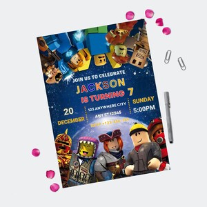 May include: A birthday party invitation with a space theme, featuring cartoon characters. The invitation reads "Join us to celebrate Jackson is turning 7" with the date, time, and location details. The background is a dark blue with stars.