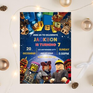May include: A birthday party invitation featuring cartoon characters and the text "JOIN US TO CELEBRATE JACKSON IS TURNING 7". The invitation includes the date, time, and location details, with a starry blue background.