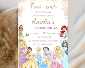 4e verjaardagsuitnodiging prinses: thema koninklijke aquarel (digitale download van Canva)