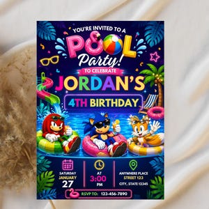May include: A rectangular pool party invitation for Jordan's 4th birthday featuring Sonic, Knuckles, and Tails in pool floats. The dark blue design includes palm leaves, a water slide, and text details for Saturday, January 27 at 3:00 PM.