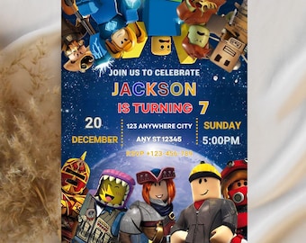 May include: A birthday party invitation with a space theme, featuring cartoon characters. The invitation reads "Join us to celebrate Jackson is turning 7" with the date, time, and RSVP information. The background is a starry night.