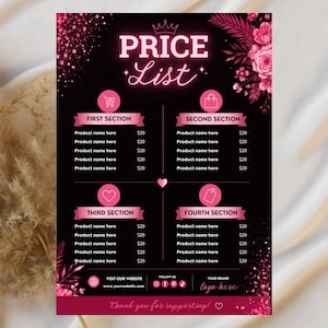 May include: A black price list template featuring neon pink text that reads PRICE List, a crown icon, and floral accents. The layout includes four sections with shopping icons, placeholders for product names, and a bottom section for brand details.
