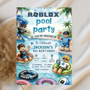 Convite de aniversário editável para festa na piscina do Roblox | Modelo imprimível de aniversário para meninos no Canva | Festa na piscina de verão | Download digital