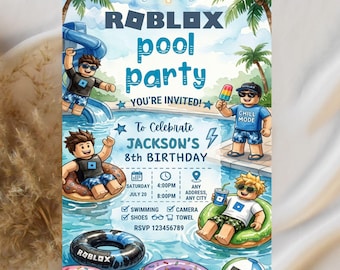 Editable Roblox Pool Party Birthday Invitation | Printable Canva Boys Birthday Template | Summer Pool Party | Digital Download