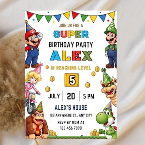 May include: A rectangular birthday party invitation featuring colorful video game characters including Mario, Luigi, Princess Peach, Donkey Kong, Bowser, and Yoshi. The text reads: JOIN US FOR A SUPER BIRTHDAY PARTY ALEX IS REACHING LEVEL 5 JULY 20 5 PM.