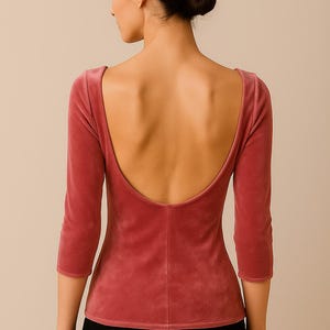 Velvet Backless Top – Deep Scoop Back Blouse – Elegant Open Back Shirt – Soft Stretch Velvet Women’s Top – Evening Party Outfit