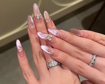 Pink Glitter Butterfly Press On Nails | Long Almond Sparkly False Nails | Luxury Rhinestone Nail Set | Gift for Her