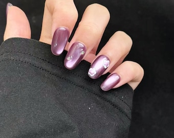 Uñas postizas de ojo de gato morado / Juego de uñas con flores 3D y brillo perlado