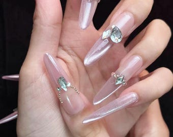 Pink Crystal Rhinestone Press On Nails | Long Stiletto Sparkly Fake Nails | Handmade Reusable Luxury Nail Art Set