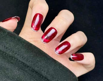 Luxury Wine Red French Tip Nails | Handmade Glossy Press On Set | Holiday Glam Gift**