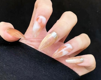 Handmade Caramel Marble Press On Nails | Gold Glitter Almond Nail Set