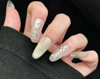 Champagne Gold Glitter Press On Nails | 3D Flower Nail Set, Handmade