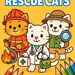 Puede incluir: Una portada de libro para colorear para niños con el título "BRAVE RESCUE CATS" en letras azules. Se presentan tres gatos de dibujos animados vestidos de bombero, médico y detective. El libro incluye "20 COLORING PAGES" y lápices de colores.