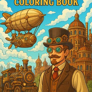 Op de afbeelding: Illustratie van een steampunk kleurboekcover. De afbeelding toont een man met een hoge hoed en een bril, een zeppelin, een trein en een stad met koepelgebouwen. De woorden "STEAMPUNK COLORING BOOK" staan bovenaan.