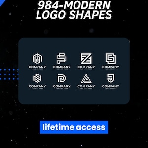 May include: A dark blue graphic with the text "984-MODERN LOGO SHAPES" in white. Below, a dark blue rectangle displays eight modern logo designs in white. The text "COMPANY TAGLINE HERE" is below each logo. The words "lifetime access" are in a blue rectangle.