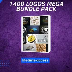 May include: A white bundle pack showcasing a collection of logos. The text "1400 LOGOS MEGA BUNDLE PACK" is at the top, with "lifetime access" at the bottom. The background is a gradient of purple and blue.