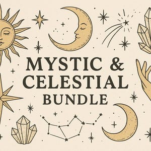 Mystical Celestial Elements Bundle | Sun Moon Stars Clipart | Boho Magic PNG | Constellations Crystals Plants Digital Download