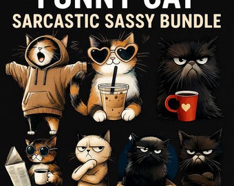 Sarcastic Cat Clipart Bundle: Funny Grumpy Cat PNG (Digital Download