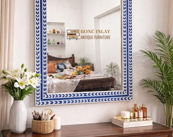 Specchio con intarsi in osso e motivo floreale fatto a mano / Arredamento di lusso per la casa