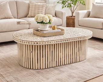 Mesa de centro de madera de teca hecha a mano: diseño floral geométrico, artesanía de Jodhpur