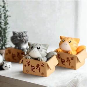 Mini Cat Ornament Set of 4 - Cute Cat Figurines for Desk & Shelf, Small Resin Kitty Decor, Tiny Cat in Box, Gift for Cat Lovers, Home Décor
