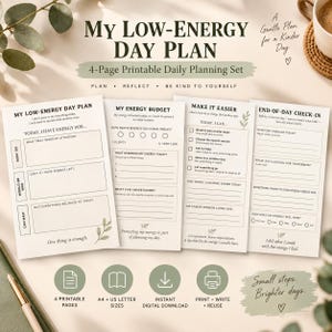 Può includere: Un set di pianificazione giornaliera stampabile di quattro pagine intitolato My Low-Energy Day Plan. Le pagine includono sezioni per il budget energetico, la priorità delle attività e i check-in di fine giornata, con accenti di foglie verdi.