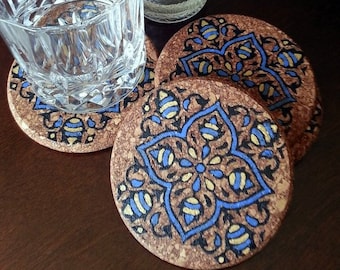 Juego de 4 posavasos de corcho impresos a mano