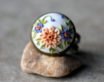 Beautiful Polymer Clay Applique Statement Ring in White and Peach