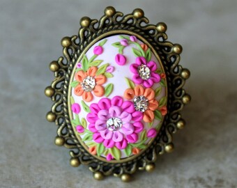 Lovely Polymer Clay Applique Statement Ring in Pink and Orange