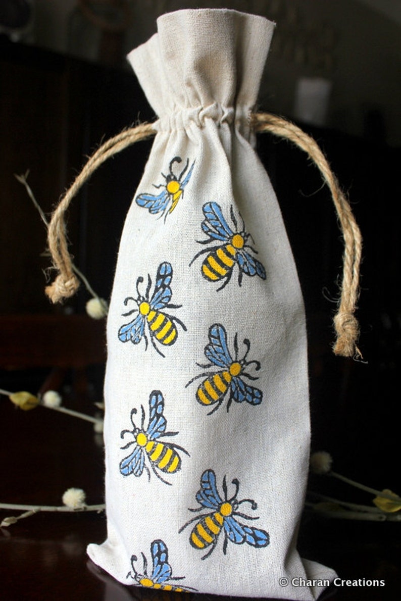 Hand Block Printed Drawstring Wine Bag Linen Wine Bag Hand stamped Eco-friendly wine bag