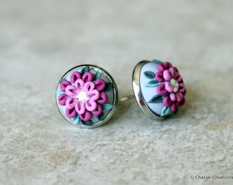 Lovely Polymer Clay Applique Statement Stud Earrings in Grey and Purple