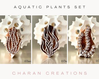 Textile Stamp, Wood Block Stamp, Tjaps, Indian Wood Stamp, Pottery Stamp, Hand Carved- Aquatic Plants Set