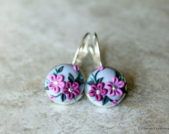 Gorgeous Polymer Clay Applique Statement Earrings in Gray and Purple