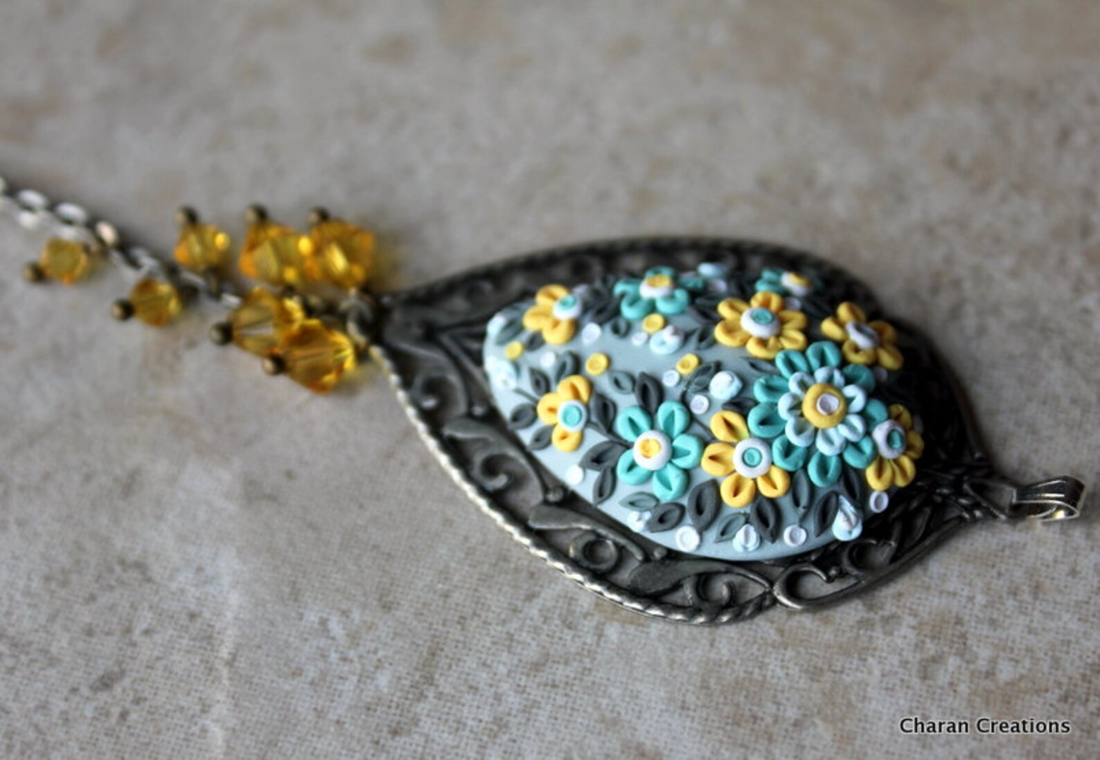 Teal and Yellow Polymer Clay Applique Floral Pendant Etsy