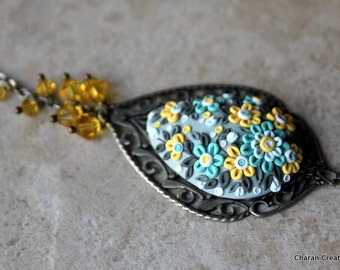Teal and Yellow Polymer Clay Applique Floral Pendant