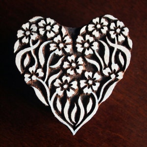 Sellos de cerámica, sellos de madera de la India, sellos textiles, bloques de madera, sellos de impresión (corazón floral)