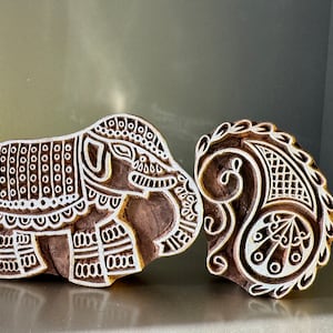 REDUCED Wood Blocks, Tjaps, Carved wood stamps, Indian wood stamps, Pottery Stamps, Soap Stamps Set of Paisley & Elephant image 1