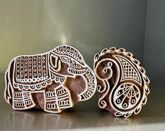 REDUCED Wood Blocks, Tjaps, Carved wood stamps, Indian wood stamps, Pottery Stamps, Soap Stamps- Set of Paisley & Elephant