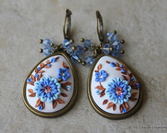 Polymer Clay Applique Floral Statement Earrings in Blue and Brown