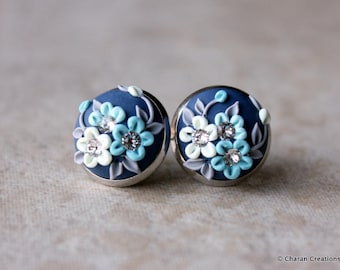Lovely Polymer Clay Applique Statement Stud Earrings in shades of Blue