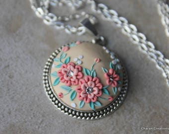 Gorgeous Polymer Clay Applique Statement Pendant Necklace in Peach, Mint and Beige