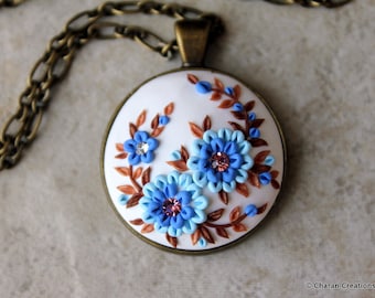Polymer Clay Floral Applique Pendant Necklace, Statement Necklace, Floral jewelry in Blue and Brown Colors