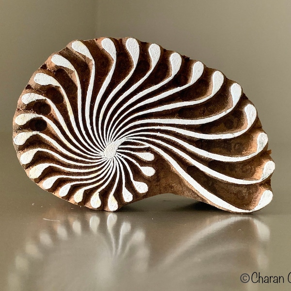 Concha espiral de Fibonacci- Sello tallado a mano, sello de jabón, sello de cerámica, sello de madera indio, sello textil, bloques de madera, Tjap