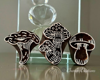 Pottery stamps, Indian Wood Stamps, Blockprint Stamps, Tjaps, Hand-carved Stamps- SET OF 3 MUSHROOMS