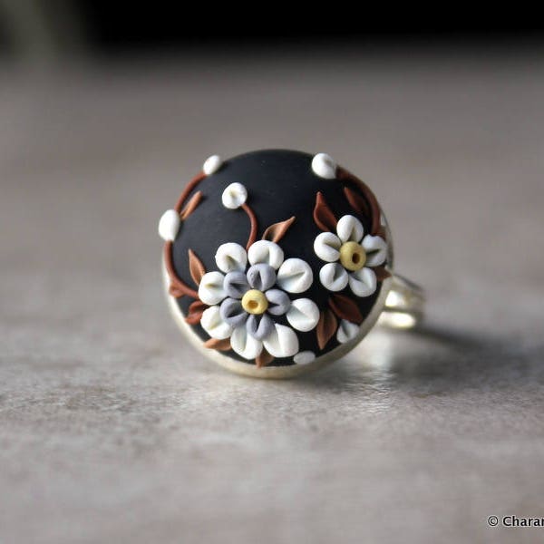 Beautiful Polymer Clay Applique Statement Ring in Black and White