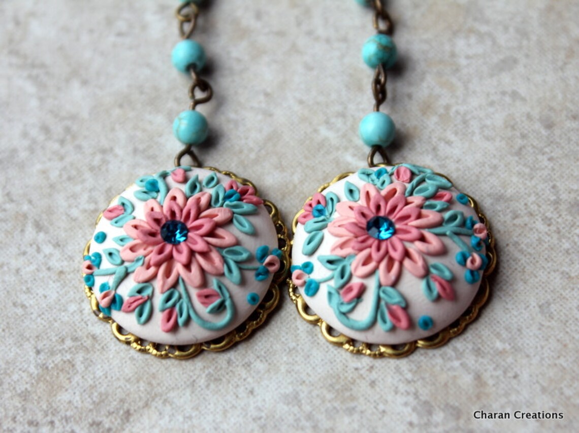 Lovely Floral Clay Applique Earrings in Aqua and Peaches with Etsy
