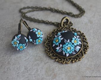 Gorgeous Polymer Clay Applique Statement Pendant Necklace and Earrings Set in Black and Turquoise