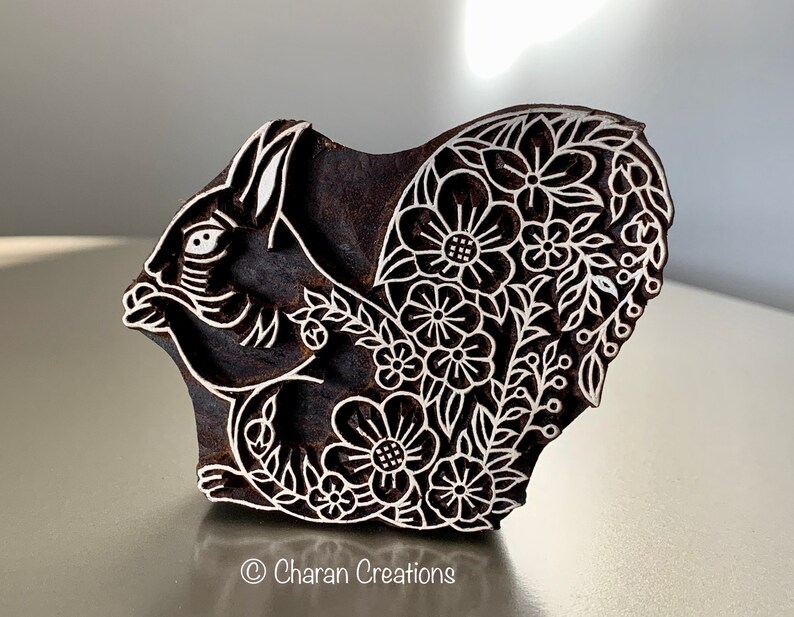 Pottery Stamp, Soap Stamp, Textile Stamp, Indian wood stamp, Tjap Floral Squirrel image 1