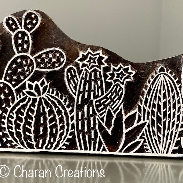 Stempel do druku blokowego, stemple do ceramiki, stempel do drewna indyjskiego, stempel do tekstyliów, klocki drewniane, Tjaps, stempel do druku – duża ramka z kaktusem