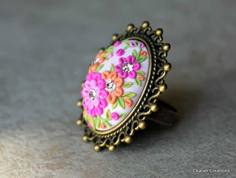Lovely Polymer Clay Applique Statement Ring in Pink and Orange - Etsy